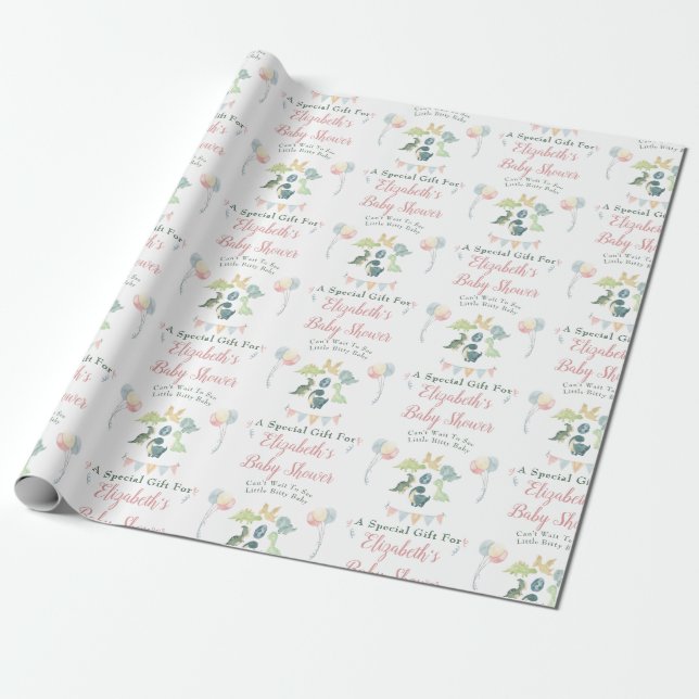 Cute Dinosaur Watercolor Baby Shower Personalized Wrapping Paper (Unrolled)