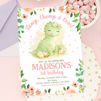 Cute Dinosaur Watercolor Pink Floral Birthday  Invitation