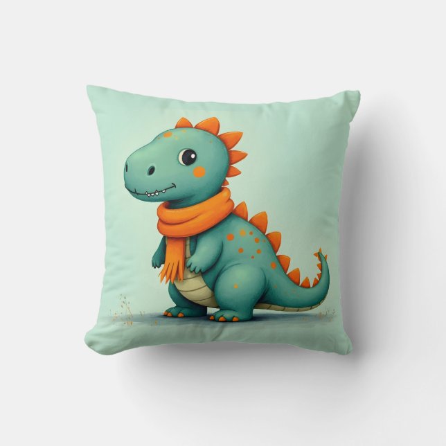 Cute Dinosaur Wearing an Orange Scarf Throw Pillow (Front)