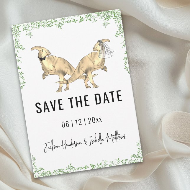 Cute Dinosaur Wedding Green Save The Date (Cute dinosaur bride and groom watercolor foliage wedding save the date card)