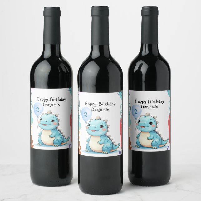 Cute Dinosaur wild Boy Happy birthday party Wine Label (Bottles)