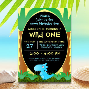 Cute Dinosaur Wild One First Birthday Invitation