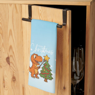 Cute dinosaur with Christmas tree Kitchen Towel