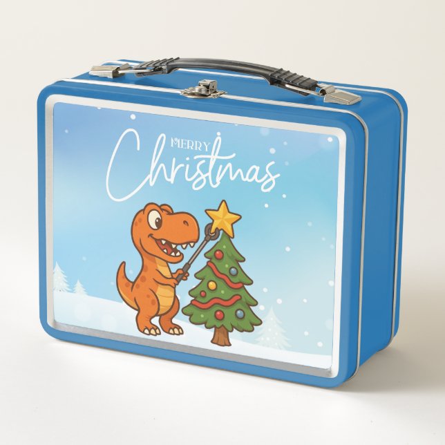 Cute dinosaur with Christmas tree Metal Lunch Box (Front)
