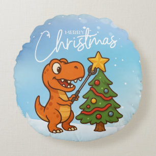 Cute dinosaur with Christmas tree Round Pillow