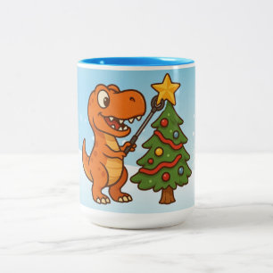 Cute dinosaur with Christmas tree Two-Tone Coffee Mug