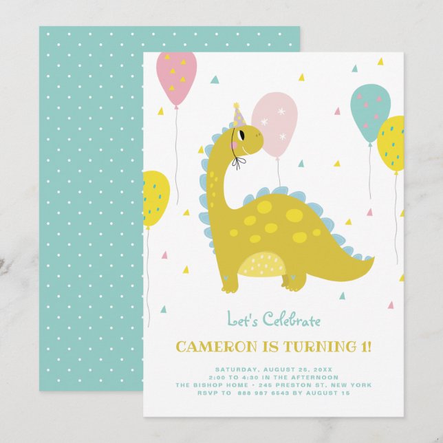 Cute Dinosaur with Colourful Balloons Kids Birthda Invitation (Front/Back)
