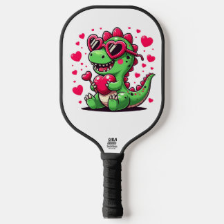Cute Dinosaur with Heart Sunglasses and Valentine Pickleball Paddle