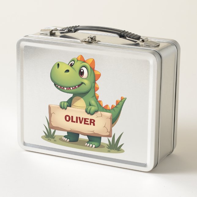 Cute Dinosaur with Name Sign Personalized Metal Lunch Box (Front)