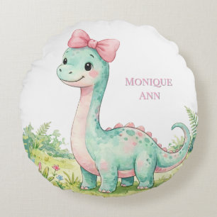 Cute Dinosaur With Pink Bow Baby Shower Gift Round Pillow