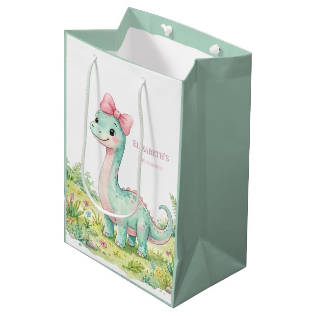 Cute Dinosaur With Pink Bow Baby Shower Medium Gift Bag (Front Angled)