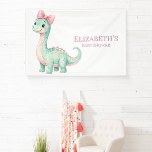 Cute Dinosaur With Pink Bow Baby Shower Welcome Banner