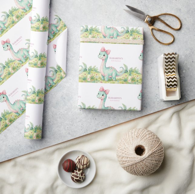 Cute Dinosaur With Pink Bow Baby Shower Wrapping Paper (Crafts)