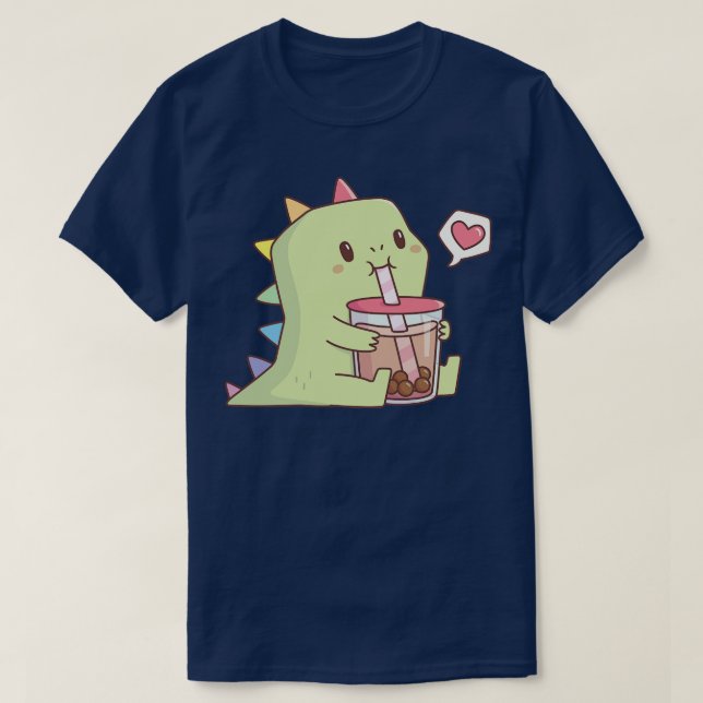 Cute Dinosaur with Rainbow Spikes Loves Bubble Tea T-Shirt (Design Front)
