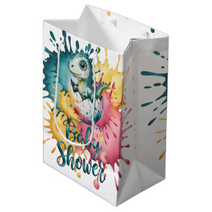 Cute Dinosaur with Watercolor Splash Baby Shower Medium Gift Bag