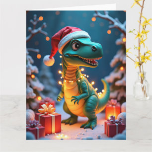 Cute Dinosaur Wrapped in Lights Christmas Scene Card