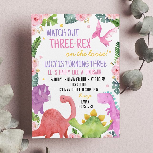 Cute Dinosaures Girl Birthday Invitation (Créateur téléchargé)