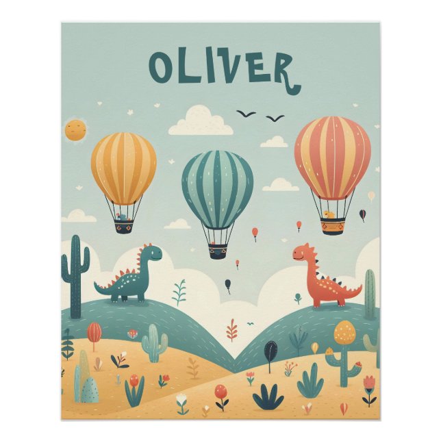 Cute Dinosaurs and Hot Air Balloons Poster (Front)