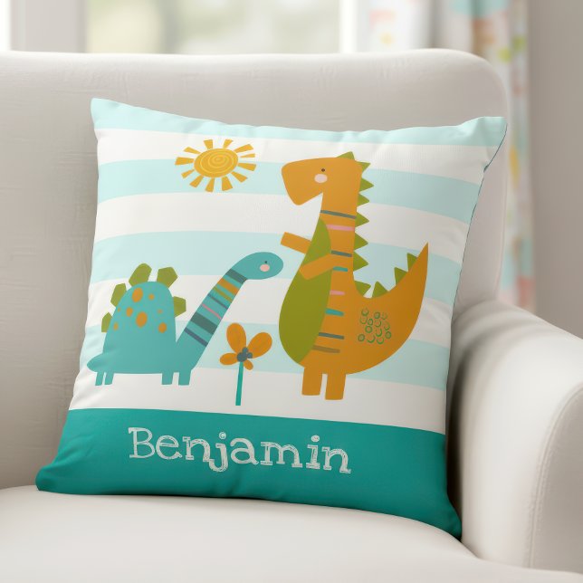 Cute Dinosaurs Baby Boy Turquoise Stripes Kawaii Throw Pillow (Creator Uploaded)