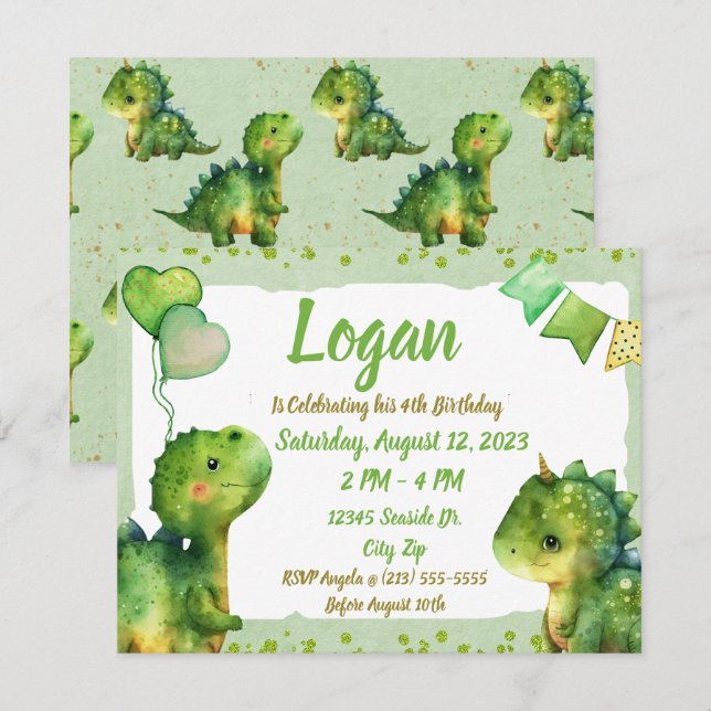 Cute Dinosaurs Baby Dino Heart Balloons Birthday Invitation (Front/Back)