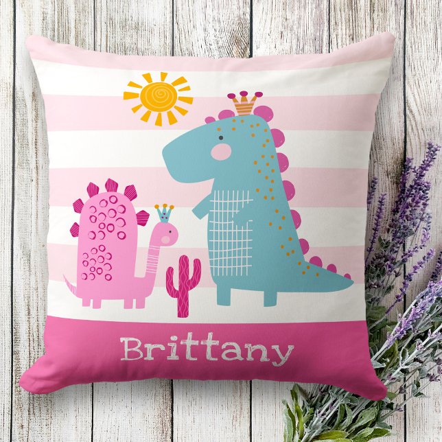 Cute Dinosaurs Baby Girl Pink Stripes Bold Kawaii Throw Pillow (Creator Uploaded)