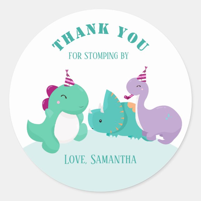 Cute Dinosaurs Birthday Thank You Favour Classic Round Sticker (Front)
