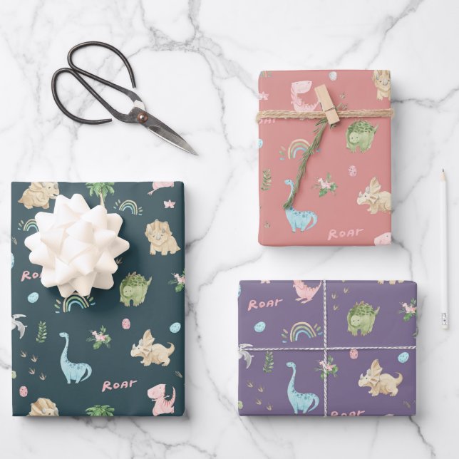 Cute Dinosaurs Birthday Wrapping Paper Sheet (Front)