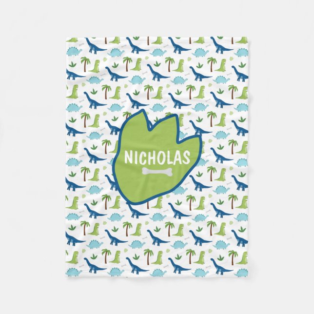 Cute Dinosaurs Blues and Greens Fleece Blanket (Front)