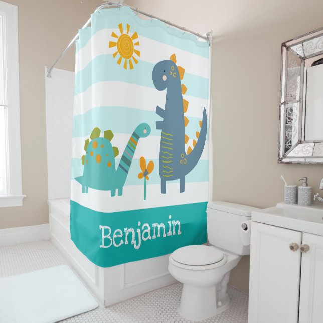 Cute Dinosaurs Boy Blue Stripes Name Fun Kawaii (In Situ)