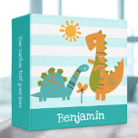 Cute Dinosaurs Boy Turquoise Stripes Kawaii Name Binder<br><div class="desc">Make organizing fun with this adorable, modern, custom name dinosaur school or baby photo scrapbooking binder. A sweet, playful visual of a cute, bold, kawaii, brontosaurus and t-rex scene and personalized, handwritten typography overlay soft turquoise blue and white stripes the front. A bold, cool palm tree icon overlays soft turquoise...</div>