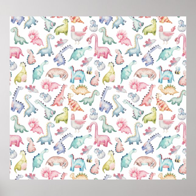 Cute dinosaurs, children's watercolor pattern. poster (Front)