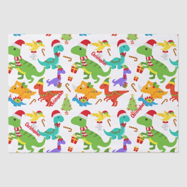 Cute Dinosaurs Christmas Personalized Tissue Paper (Front)