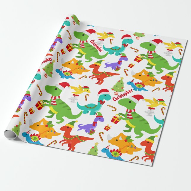 Cute Dinosaurs Christmas Personalized Wrapping Paper (Unrolled)