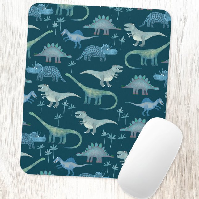 Cute Dinosaurs Dark Green Pattern Mouse Pad (Fun dinosaur pattern art mousemat)