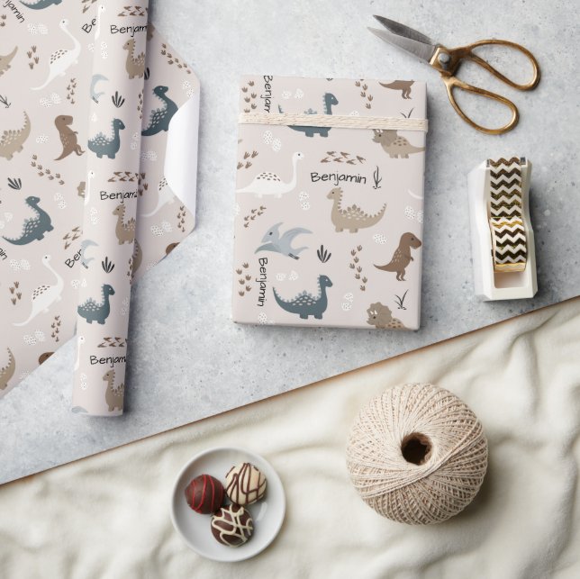 Cute Dinosaurs Footprints & Custom Name Beige Wrapping Paper (Crafts)