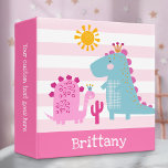 Cute Dinosaurs Girl Pink Stripes Bold Kawaii Name Binder<br><div class="desc">binder. A sweet, playful visual of a cute, bold, kawaii, brontosaurus and t-rex scene and personalized, handwritten typography overlay soft pink and white stripes the front. A bold, cool crown icon overlays soft pink and white stripes on the back. Personalize with your name on the front and the text of...</div>