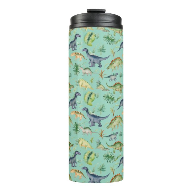 Cute Dinosaurs Green Watercolor Kids Pattern  Thermal Tumbler (Front)