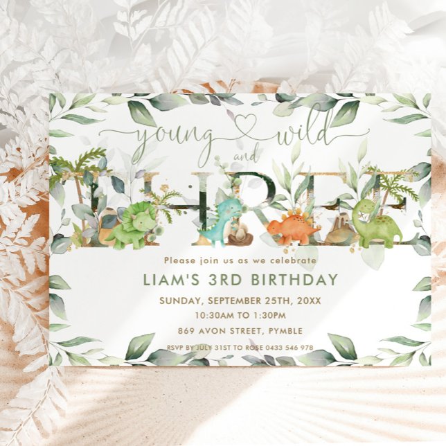 Cute Dinosaurs Greenery 3rd Birthday Three Invitation (Creator Uploaded)