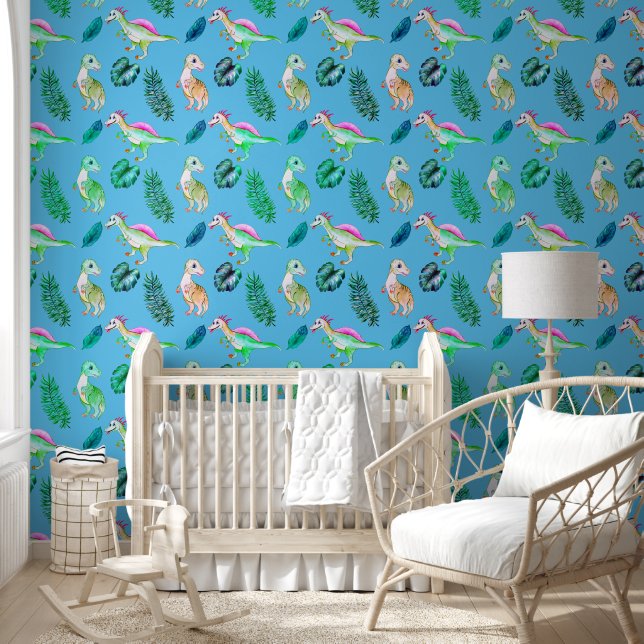 Cute Dinosaurs & Greenery Blue Nursery Wallpaper (Kids)