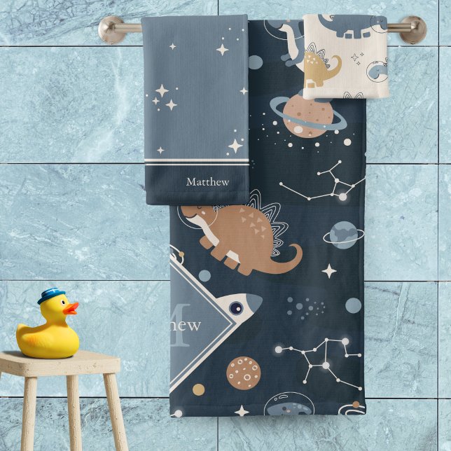 Cute Dinosaurs in Space Pattern Kids Bathroom Bath Towel Set (Creator Uploaded)