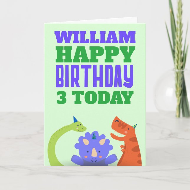 Cute Dinosaurs Kids Age Name Green Birthday Card (Front)