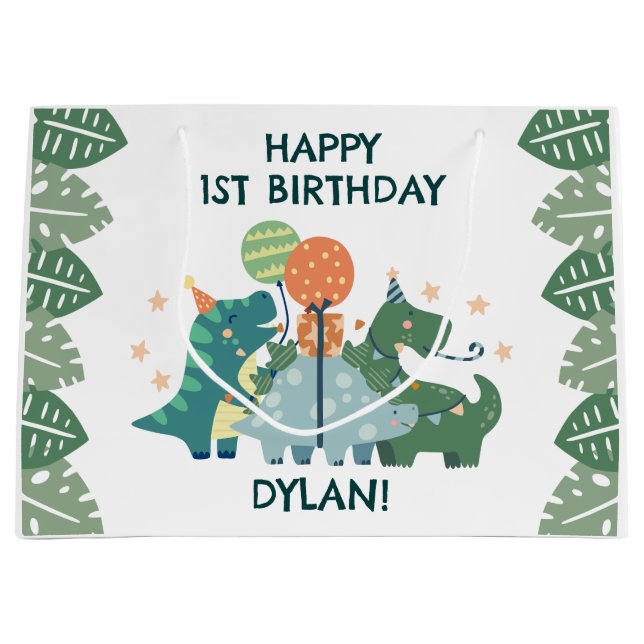 Cute Dinosaurs Kid's Personalized Happy Birthday  Large Gift Bag (Front)