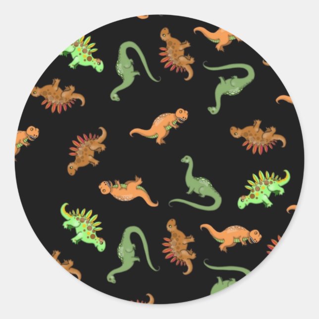 Cute Dinosaurs on Black Background Classic Round Sticker (Front)