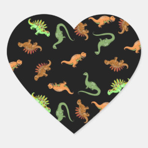 Cute Dinosaurs on Black Background Heart Sticker