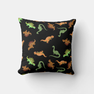 Cute Dinosaurs on Black Background Throw Pillow