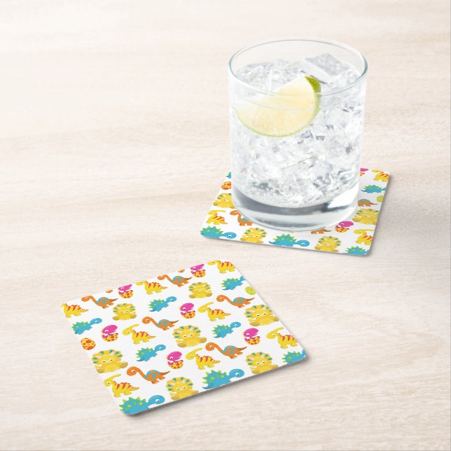 Cute Dinosaurs, Pattern Of Dinosaurs, Baby Dino Square Paper Coaster (Insitu)