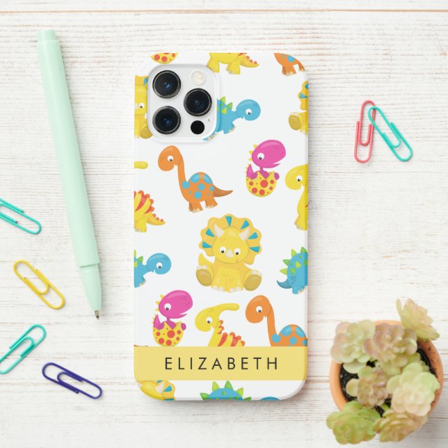 Cute Dinosaurs, Pattern Of Dinosaurs, Your Name iPhone Case (On Desk)