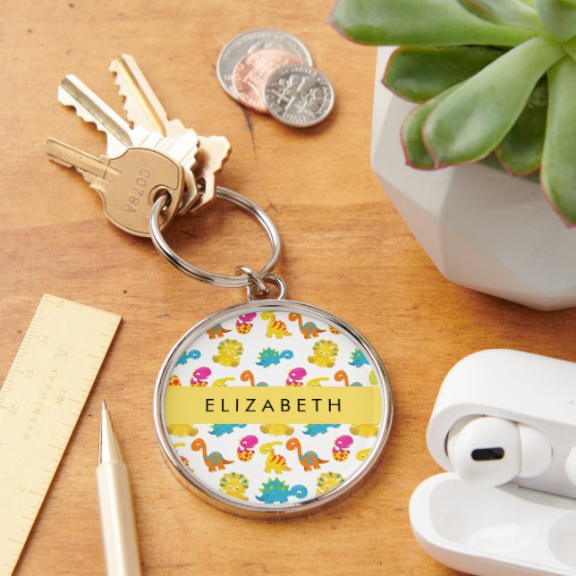 Cute Dinosaurs, Pattern Of Dinosaurs, Your Name Keychain (Desk)