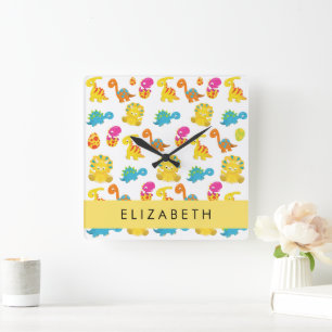 Cute Dinosaurs, Pattern Of Dinosaurs, Your Name Square Wall Clock