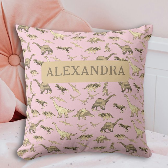 Cute Dinosaurs Personalized Girls Pink Throw Pillow (Girls dinosaur personalized name pink pillow custom dino bedroom home decor)